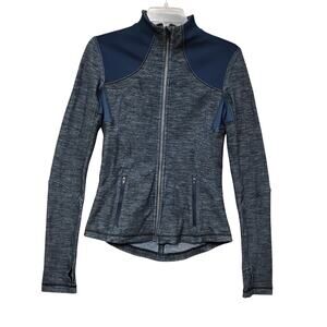 Lululemon Forme Slub Denim Jacket size 6 Blue Front Pockets Thumbholes Mock Neck